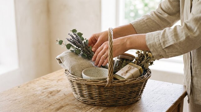 Person arranges natural decorative herbs in a rustic woven basket for home decor and interior design concepts.