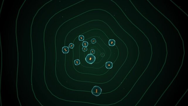 Abstract microscopic cell division animation: biological science background, with glowing nuclei, and pulsing energy waves