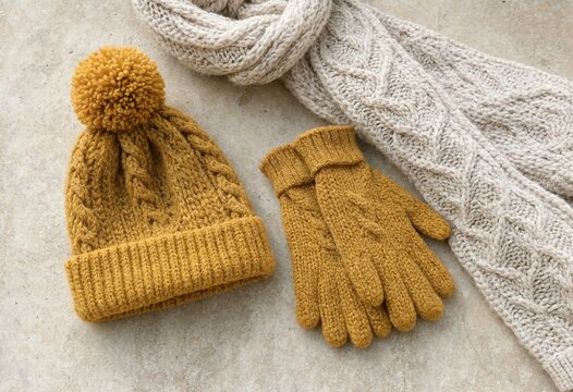 Cozy knitted winter hat and gloves set with a textured scarf on a neutral surface