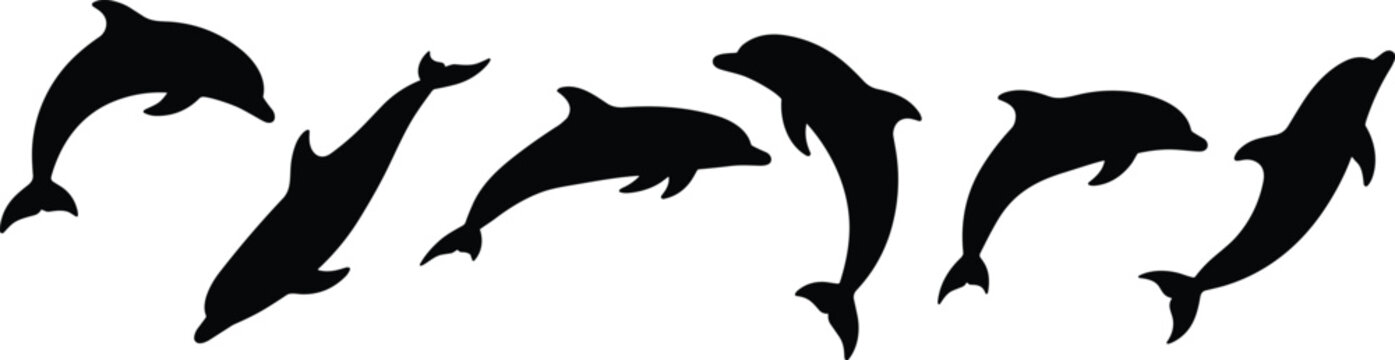 Black silhouette illustration of dolphins jumping and swimming in ocean waves for marine life design, aquatic wildlife art, and nature projects