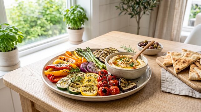 Grilled vegetable platter with hummus and pita bread on a wooden table