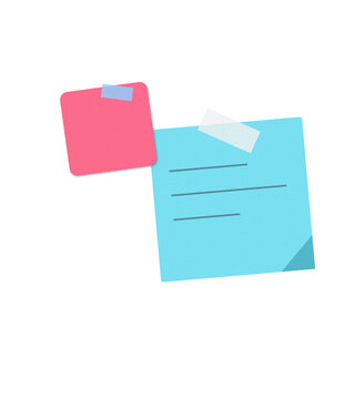 Pink and blue sticky notes with written text and tape attached for office organization and daily reminders to keep track of important tasks