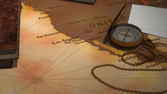 Vintage cinematic map focusing on los angeles san diego and san francisco