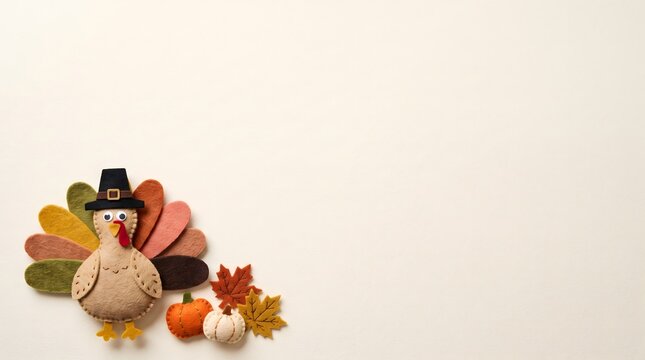 Festive thanksgiving turkey decoration with autumn leaves and pumpkins on white background