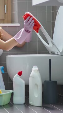 Close Up Hands Spraying Disinfectant and Wiping Toilet Seat