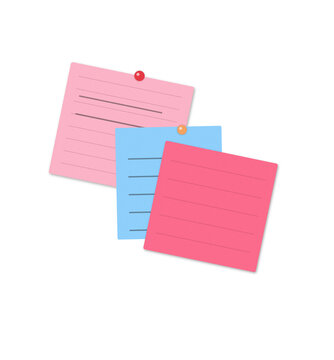 Three colorful sticky notes pinned together as a reminder for office work and organization on a square paper collection for important daily tasks