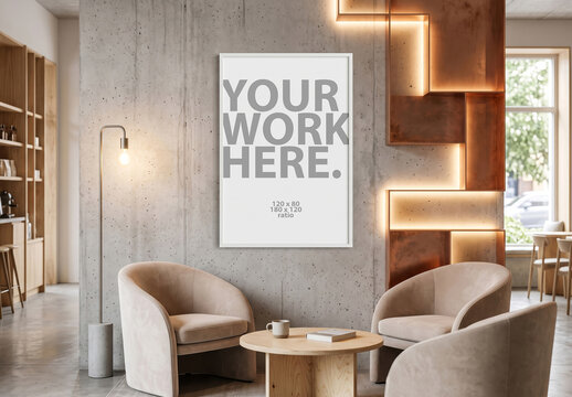 Vertical poster frame Mockup on a concrete wall in cafe with beige chairs and copper accents	