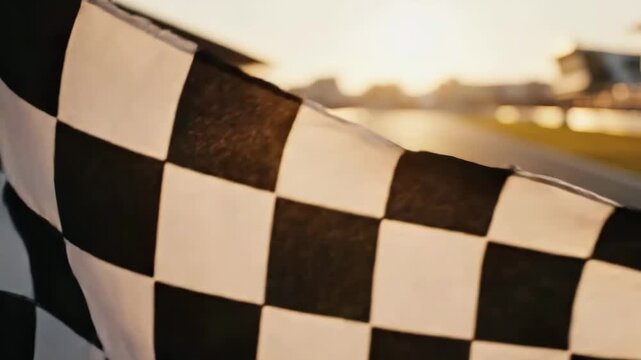 Close up of a black and white checkered flag waving over an empty asphalt racetrack at golden hour sunset
