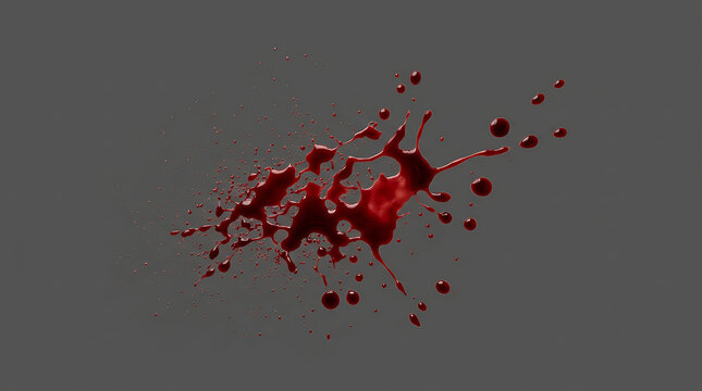 Detailed red blood splatter on a grey background with blood spray liquid splash crimson stain splatter
