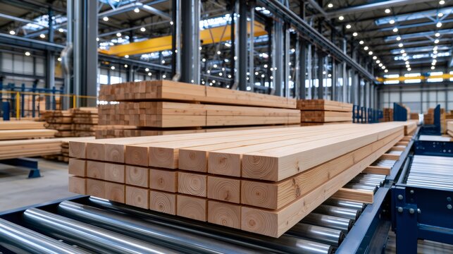 Lumber beams moving on conveyor in wood factory