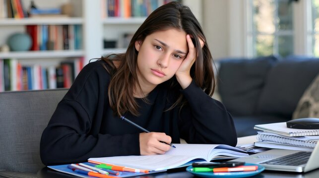 Bored student teenage girl feeling tired while studying