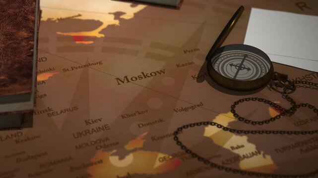 Vintage cinematic map focusing on the city of moscow