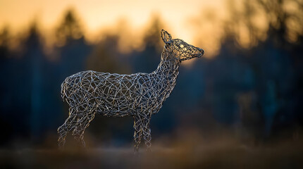 Obraz premium Wire sculpture of deer in forest at golden hour.