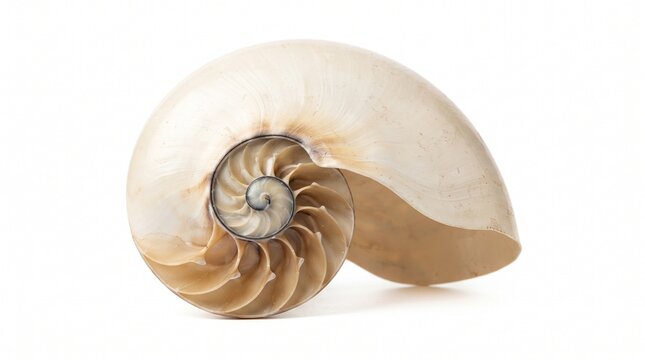 Pristine nautilus shell displaying its iconic natural spiral and subtle ivory bands, ideal for marine biology, mathematics, nature, education, and elegant design. Isolated on White background.