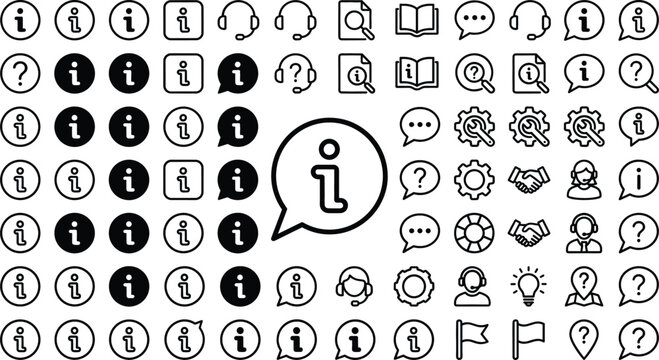 Information and help desk icon bundle featuring faq support customer service headset chat manual guide outline vector graphic