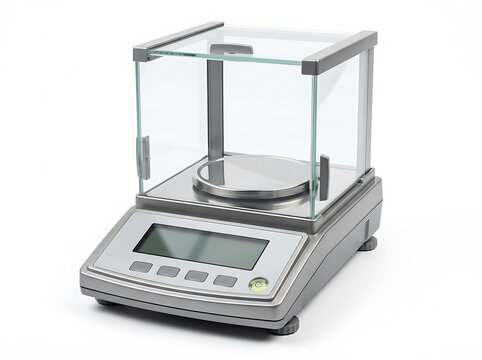 Modern digital laboratory balance scale isolated on white background