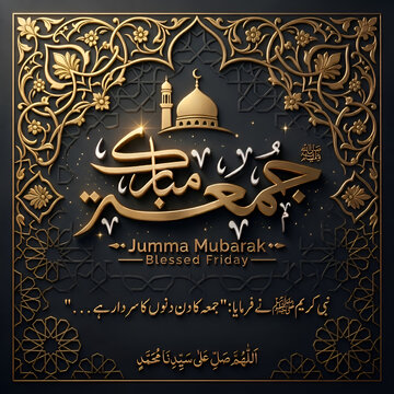Ornate Islamic Art Greeting Card with Gold Calligraphy and Mosque Motif
