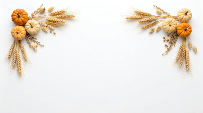 Autumn pumpkin border with wheat stalks, fall harvest flat lay on white background, decorative seasonal frame for thanksgiving