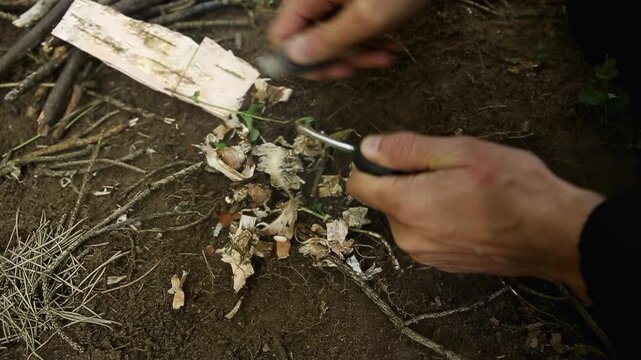 Hands striking a ferrocerium rod over dry tinder outdoors