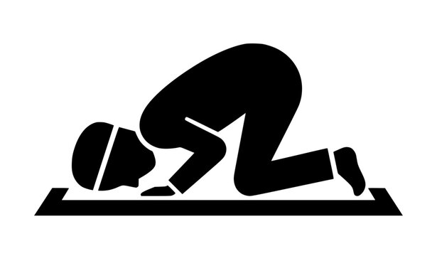 Sajdah Islamic prostration prayer black silhouette Muslim worship vector icon