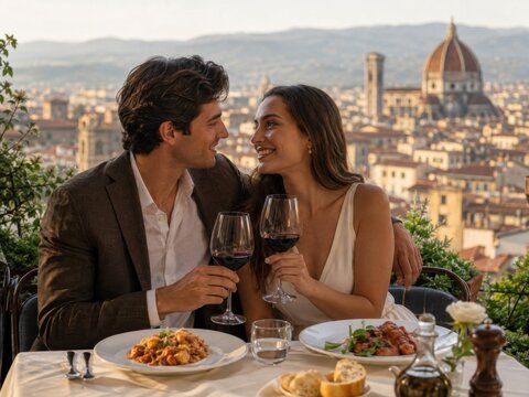Verliebtes Paar genie&szlig;t ein romantisches Abendessen mit Rotwein und italienischer K&uuml;che auf einer Terrasse mit Panoramablick &uuml;ber Florenz und den ber&uuml;hmten Dom.