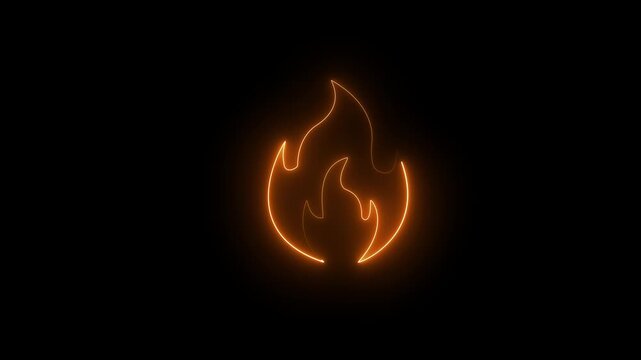 Glowing orange neon fire flame icon on black background 4k motion animation.
