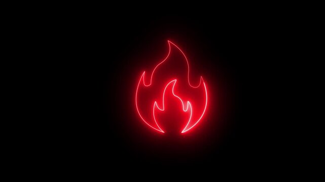 Glowing orange neon fire flame icon on black background 4k motion animation.