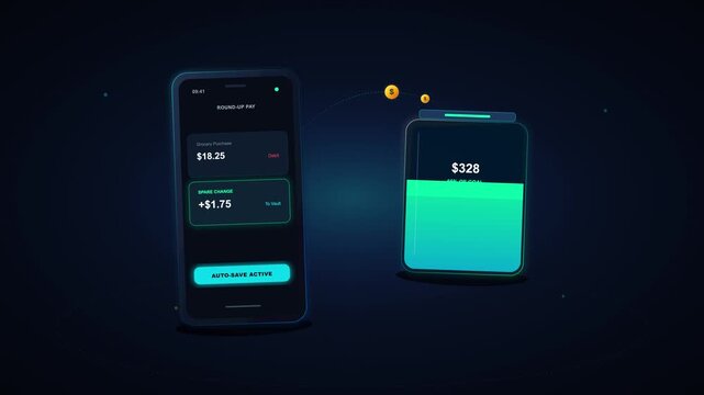 Modern fintech app animation showing automatic money transfer from digital wallet to stylized savings jar with glowing 3D UI elements on dark background