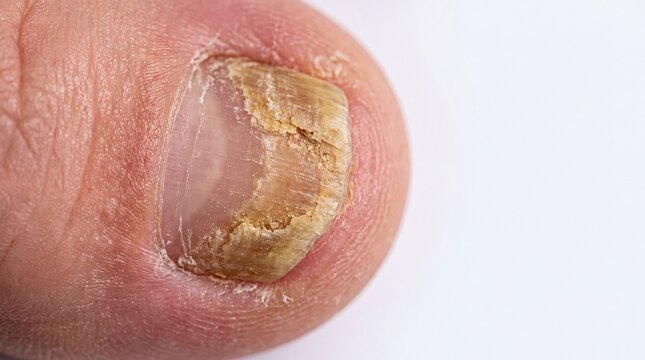 Closeup of Dry Damaged Thumbnail Nail With Rough Texture Isolated on White Background.