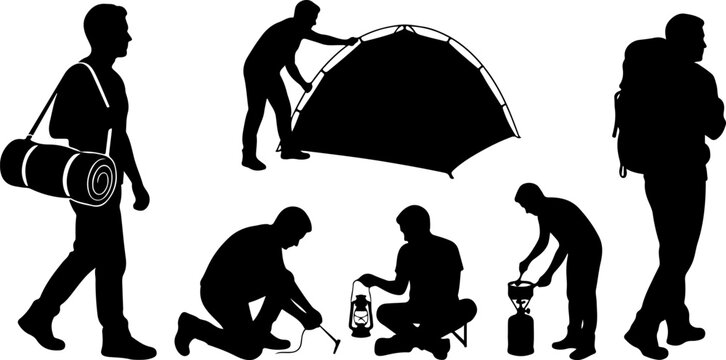 Silhouettes of people camping and hiking vector illustration