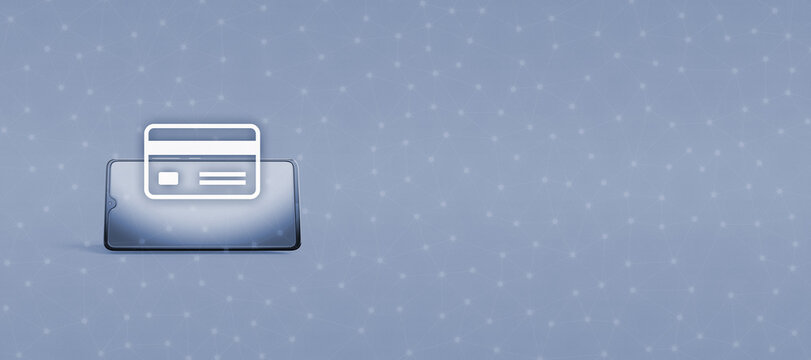 Mobile payment concept with smartphone and credit card icon on a blue background with copy space for financial transactions and digital banking applications