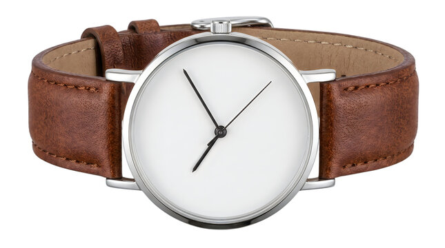 Minimalist silver wristwatch with brown leather strap, elegant analog watch with white face, classic fashion timepiece for business isolated PNG with Transparent Background