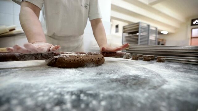 Baker sprinkling flour on dough in professional bakery kitchen