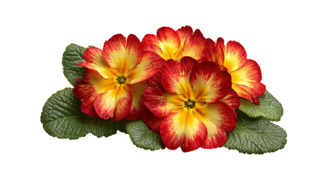 Red yellow primrose flowers and green leaves arrangement