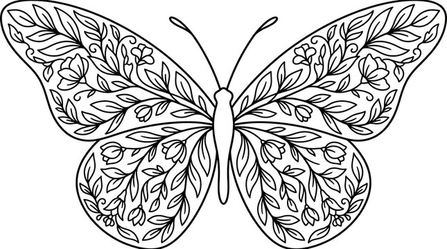 Floral Butterfly Line Art Vector for Adult Coloring Book Page and Tattoo Design