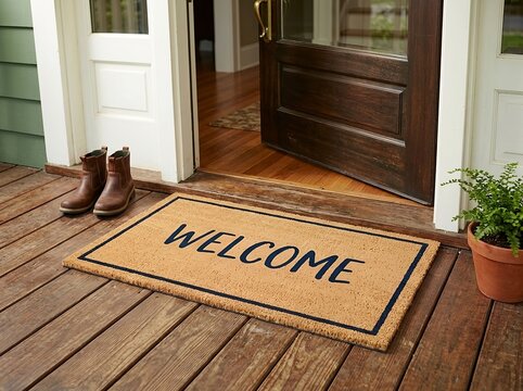 Welcome Doormat at Front Door Entrance. For home hospitality, real estate marketing, property entrance design, and welcoming residential