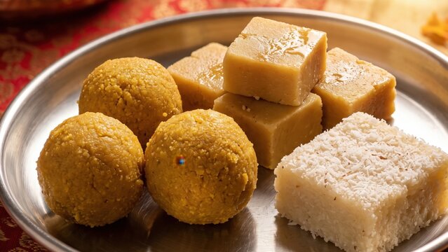 Diwali Mithai Thali - Besan Laddu, Mysore Pak and Coconut Barfi.