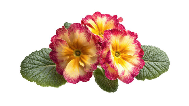 Yellow pink primrose flowers and green leaves close up