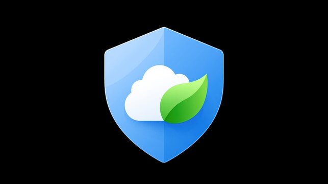 Blue shield icon featuring white cloud and green leaf symbolizing secure green cloud computing