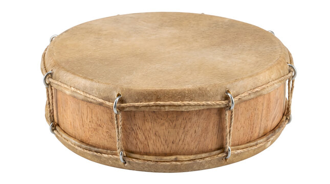 Traditional wooden frame drum with rawhide skin, ethnic percussion instrument, rustic handmade shamanic drum for music and ritual isolated PNG with Transparent Background