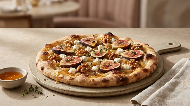 Gourmet flatbread pizza topped with fresh figs, walnuts, and goat cheese on a wooden board