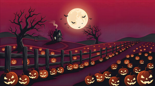 Spooky Halloween night, glowing jack-o-lanterns in pumpkin patch field, haunted house, full moon, wooden fence, bats flying, purple sky, horror autumn Halloween