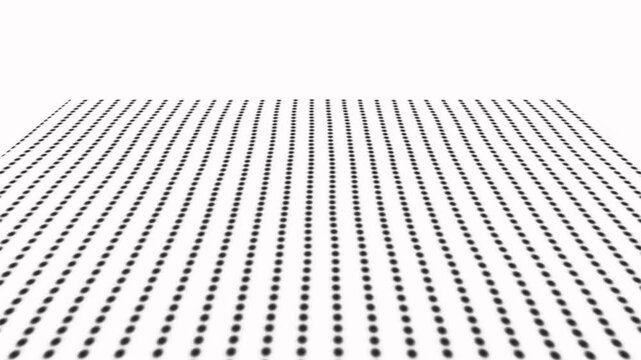 Black polka dot pattern moving across a white background abstract featuring a grid of circular dots receding