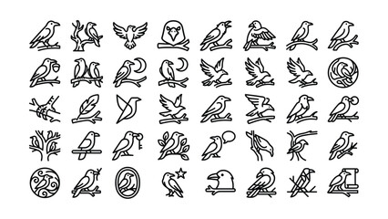 Fototapeta premium Collection of Various Stylized Line Art Birds perched on Branches and in Flight with Transparent Backgrounds