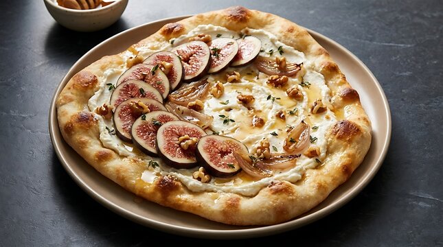 Fig and goat cheese flatbread pizza with walnuts and honey drizzle on a dark plate