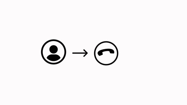 Simple user profile icon connecting to a telephone receiver symbol minimalist black and white line art depicting a person