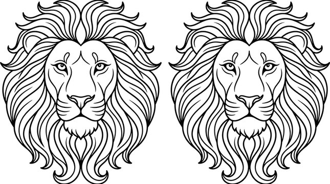 Twin lion heads line art vector illustration isolated on white background