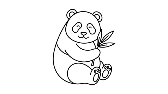Cute panda eating bamboo outline vector illustration isolated on white background
