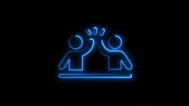 Neon blue team high five celebration icon glowing in the dark