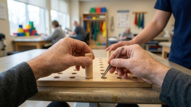 Patient's hands performing fine motor skill exercise with tweezers and wooden pegs in a rehabilitation clinic, assisted by a therapist.
